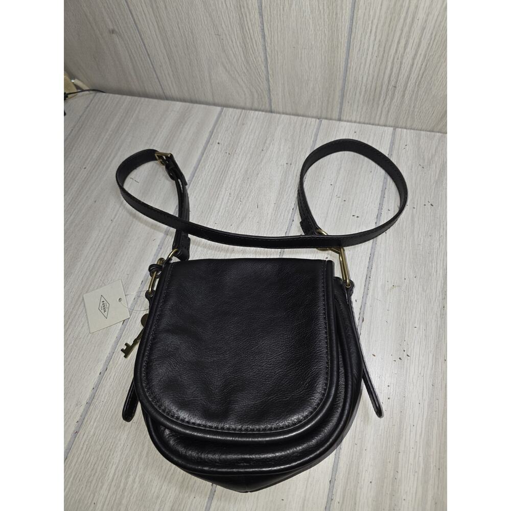Fossil RUMI Black Leather Crossbody Leather Black Flap Saddle Bag NWT